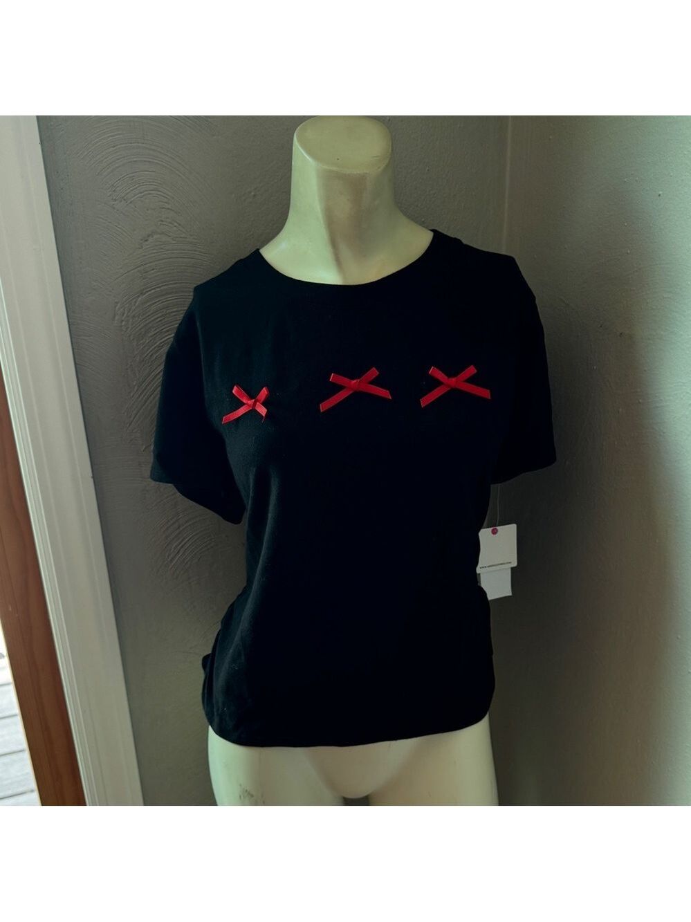 Rebellious one short sleeve black sweater with red bows size XL NWT